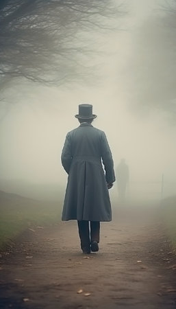 A man in a hat and coat walking on a dirt road in the fog. vintage retro. regency, victorian, edwardian, georgian.の素材