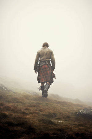 Scottish man in a kilt on the top of a mountainの素材