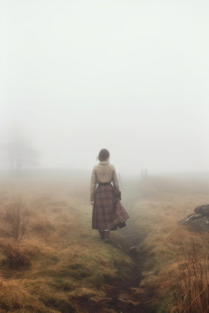 A young woman in a Scottish kilt walks through a foggy field.の素材