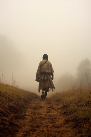 Man in traditional costume walking on a dirt path in the fog. Native american rear view.の素材