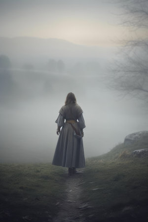 A young woman in a long medieval dress is standing in a foggy field. medieval female knight.の素材
