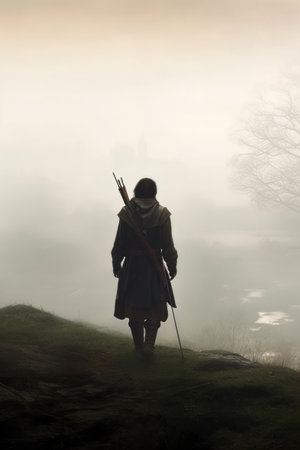 Silhouette of a man in a medieval costume in the fogの素材