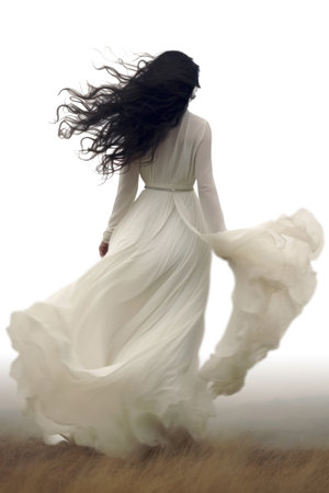 bride in a long white dress with flying hair on a white backgroundの素材