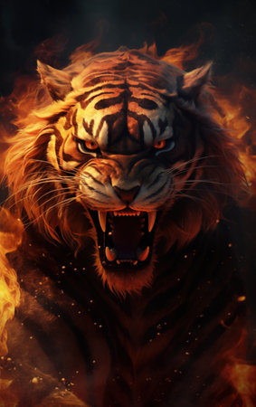 Digital painting of a tiger in fire and smoke. Artistic style.の素材