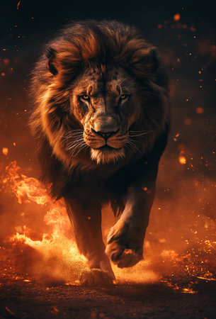 Big male lion in the fire. The concept of power and energy.の素材