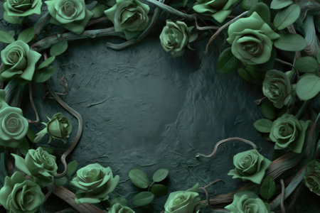 Frame made of green roses on dark background, top view. Space for textの素材
