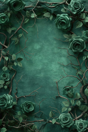3d illustration of a green background with a frame of green rosesの素材