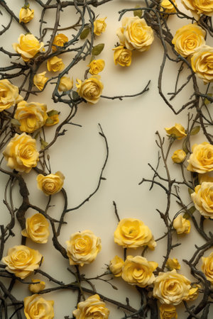 Flowers composition. Frame made of yellow roses on white background. Flat lay, top view, copy spaceの素材