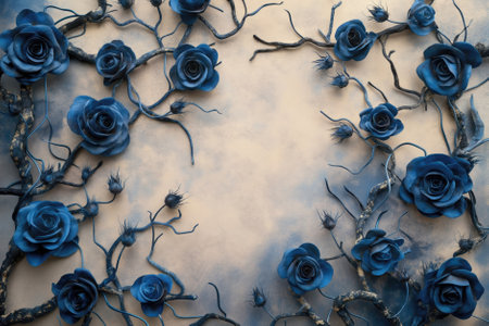 Blue roses and dry branches on a dark background with copy space.の素材