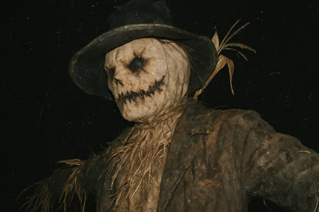 A sinister scarecrow wearing a black hat and tattered clothing, with a burlap sack face featuring...