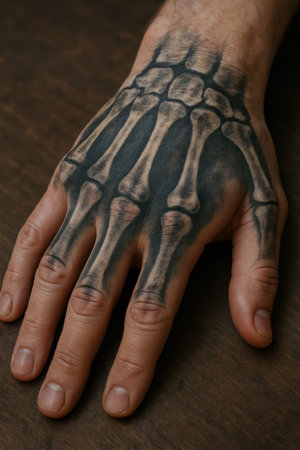 A close-up of a human hand featuring a highly detailed skeleton tattoo, accurately showing the bone structure. The realistic shading and fine lines give it a lifelike appearance, making it ideal for projects about tattoos, anatomy, or gothic aesthetics.の写真素材