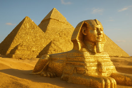 A majestic golden Sphinx resting in the desert before the grand pyramids of Giza, both entirely...