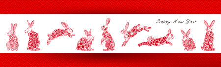 Chinese New Year 2023 Year of Rabbit. Cute red rabbit silhouette with floral ornament. decor elements. Asian lunar calendar, vector illustration.のイラスト素材