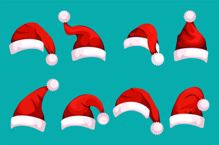 Christmas Santa Claus Hats With Fur Set. New Year red hats Isolated on alpine blue background for xmas festive cards, web, print, banners, etc. Vector illustration.のイラスト素材