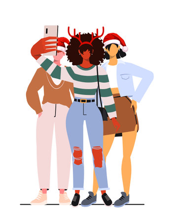 Young modern girls and a guy in casual clothes and new year hats take a front camera selfie. A group of young people celebrate the new year.のイラスト素材