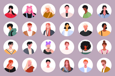 Bundle of different people avatars. Businessmen, businesswomen, students and teenager face icons, character pic to represent online user in social net.のイラスト素材
