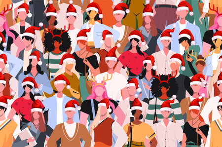 Seamless pattern. A crowd of fashionably dressed people celebrating the new year. Vector characters. Concept of unity, equality, healthy relationships in society.のイラスト素材