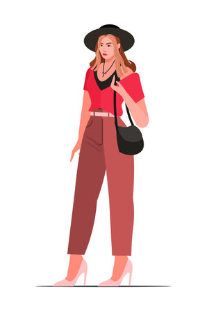 Young modern European girl in casual clothes and a black hat. Girl cartoon character isolated on white background. vector illustrationのイラスト素材