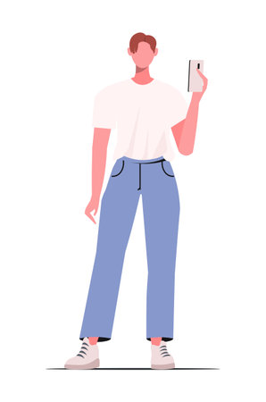 Young Asian modern man or student in casual clothes with a phone in her hand. Korean japanese asian cartoon style. Flat vector cartoon illustration isolated on white background.のイラスト素材