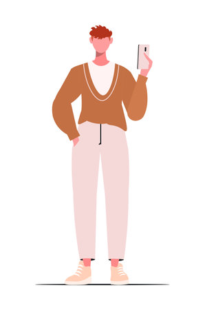 Young guy in modern casual clothes with a phone in his hand. Flat vector cartoon illustration isolated on white background.のイラスト素材