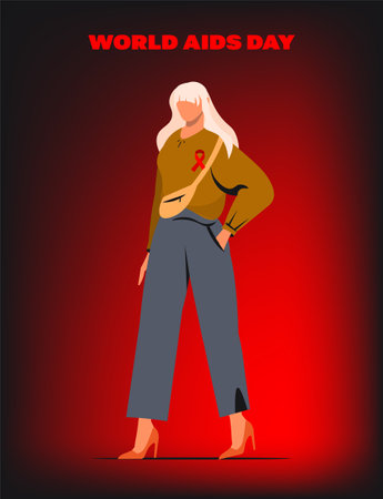 Young modern girl with a red ribbon badge in support of World AIDS Day isolated on dark red background. World AIDS Day. Vector illustration.のイラスト素材