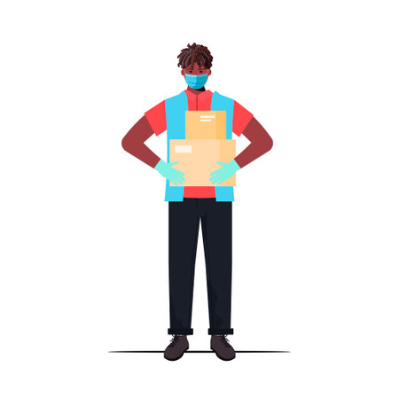 Illustration of a delivery man in medical facial mask and gloves delivering. Concept of delivery of goods during the epidemic. Safety home delivery. Flat cartoon style vectorのイラスト素材