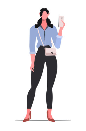 Beautiful young girl business advisor or manager in formal clothes with a phone in his hand. Flat vector illustration of modern office worker isolated on white background.のイラスト素材
