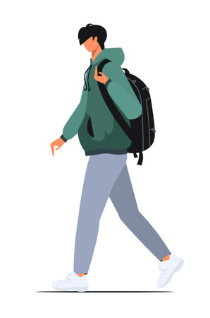 Young student in a green sweatshirt and black backpack. Happy teenager in casual clothes. Youth lifestyle. isolated on white background.のイラスト素材