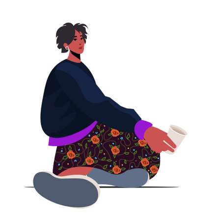 Homeless young woman character sitting on the street asking for help, unemployment woman needing help. Poverty and homelessness concept. vector illustration.のイラスト素材