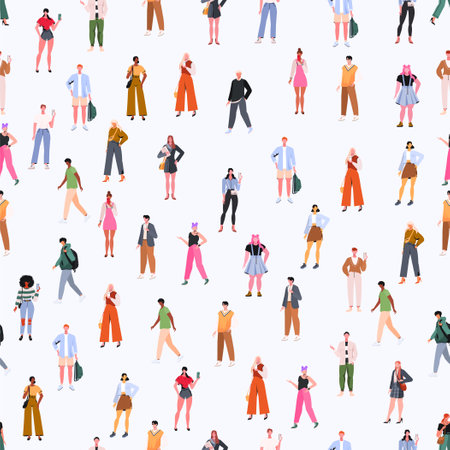 Crowd seamless pattern. Crowd of young men and women in trendy hipster clothes. Diverse group of stylish people standing together. vector illustration.のイラスト素材
