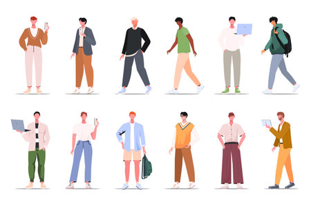 Group of fashion men in modern trendy outfits. Set young people wearing stylish casual clothes.のイラスト素材