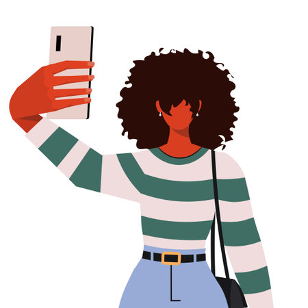 Portrait of cool cheerful afro american woman in casual clothes holding smart phone in hand shooting selfie on front camera enjoying weekend vacation.のイラスト素材
