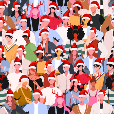 Crowd of young and women in trendy clothes and Santa Claus hats celebrate New Year or Christmas. Society or population, social diversity. Seamless pattern.のイラスト素材