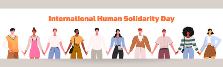 Happy people standing in row together holding hands. International Human Solidarity Day. Friendly team, cooperation, friendship. Concept for social poster, banner.のイラスト素材