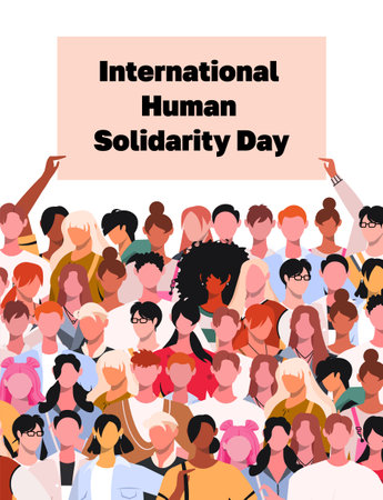 International Human Solidarity Day. Group portrait of men and women holding a banner. Multicultural society. Unity, help, friendship, togetherness concept. Flat male and femaleのイラスト素材