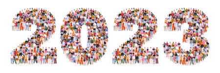 Large group of people form to create number 2023 or two thousand twenty three. Flat vector illustration isolated on white background.のイラスト素材