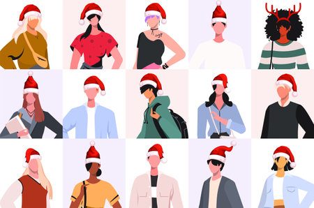 Collage of portraits and faces of multiracial group of young men and women in New Year hats. Flat people avatars set. Diverse community web page template illustration.のイラスト素材