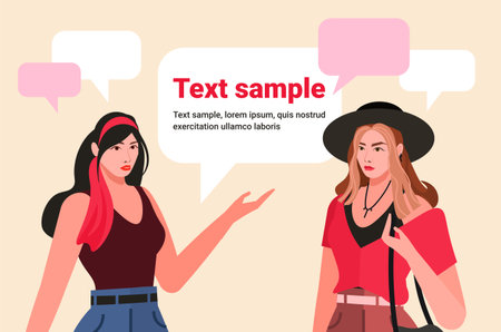 Art of business and corporate communication between girlfriends, coworkers, manager and team discuss social network, news, chat. Dialogues between characters. flat vectorのイラスト素材