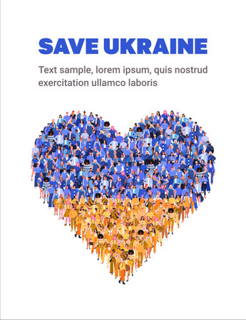 A large group of people are standing in clothes in blue and yellow colors in the shape of a heart in support of Ukraine. Ukrainian national flag colors. Save Ukraine. stop war.のイラスト素材