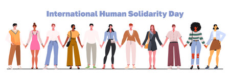 Group of people from diverse culture holding hands for social help, global equality concept. Happy people standing in row together. International Human Solidarity Day.のイラスト素材