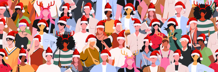 Festive New Years banner with a group of young modern people in New Years hats. Seamless pattern people. Suitable for greeting card poster and banner.のイラスト素材
