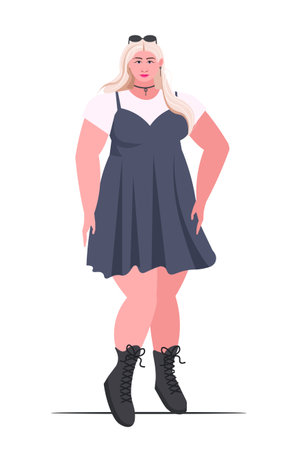 Happy oversized young woman in modern clothes. Body positive and acceptance concept. My body is my business. love your body. Flat vector illustration isolated on white background.のイラスト素材