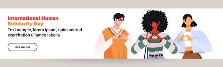 Group of modern people standing together making or gesturing heart symbol with fingers in support of International Human Solidarity Day. Global equality concept.のイラスト素材