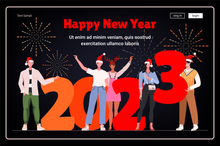 Happy men and women group celebrate Merry Christmas and New Year. Colorful 2023 celebration. Modern vector illustration concept for website development, social media, template web.のイラスト素材