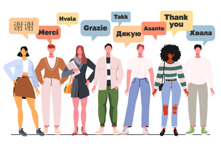 Group of people speaking Thank You in various international languages. International Thank You Day. Dialogues between characters. Flat vector illustration isolated on white.のイラスト素材