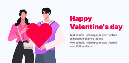 A young loving smiling couple is standing, hugging each other holding a red heart in their hand. Relationship, Love, Valentine's day, Romantic concept. color flat vectorのイラスト素材