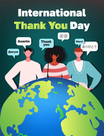 Multinational young people chatting with dialogue speech bubbles. People around the world celebrate global holiday International Thank You Day. flat vector illustrationのイラスト素材