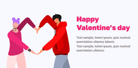 Love couple with heart-shaped hands gesture. Happy man and woman portrait. Happy Valentine's day. Hands in heart shape. Flat vector illustration isolated on white background.のイラスト素材