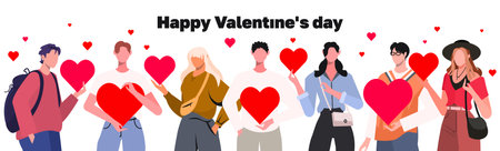 Portrait of a group of young people holding a red heart in their hands. Greeting card, banner for Valentine's Day. Flat vector illustration isolated on white background.のイラスト素材