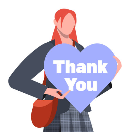 A young modern girl holds a blue heart in her hands with the text thank you. Support and gratitude concept. Flat vector illustration isolated on white.のイラスト素材